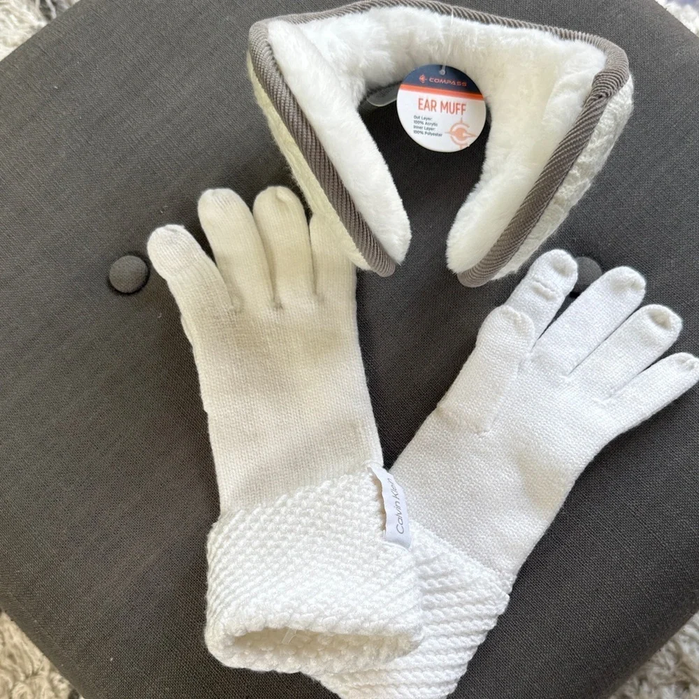 NEW Calvin Klein Knit Long Gloves & Compass Ear Muffs